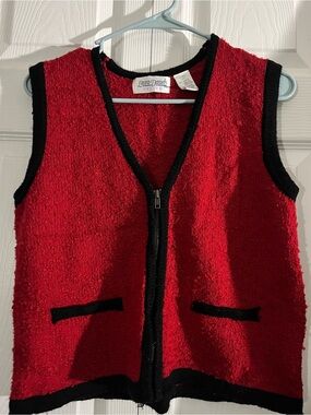 Red Bouclé Zip Vest with Black Trim